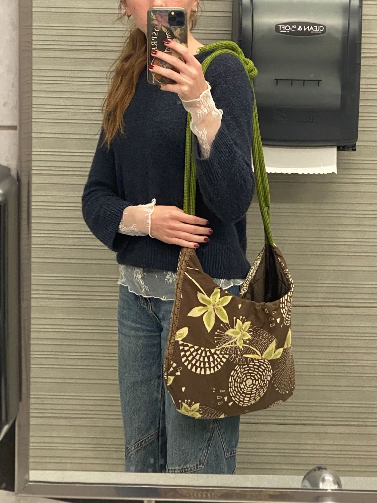 a girl and her new upcycled bag